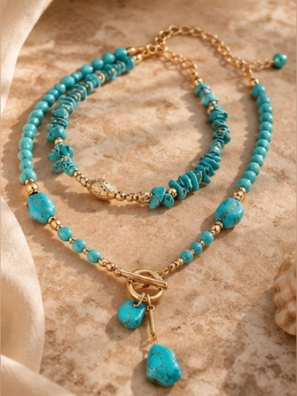 Turquoise Beaded Layered Necklace Gold Tone Boho Statement Jewelry